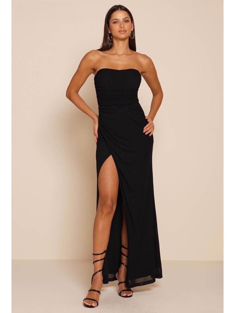 NWT Lulus Epitome of Allure Black Strapless Ruched Maxi Dress Large